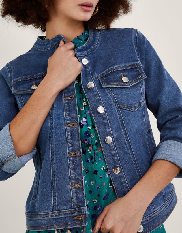 Monsoon Cassey džinsinė striukė be apykaklės su tvaria medvilne moterys mėlyna (džinsinė mėlyna) apranga DPXBJ721