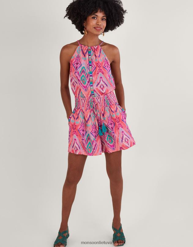 Monsoon ikat print juostos apdailos šortai iš lenzing ecovero moterys apelsinas (koralas) apranga DPXBJ879