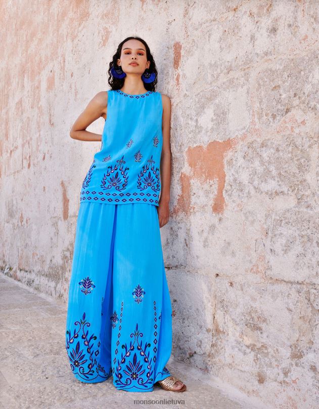 Monsoon siuvinėtos plačios kelnės lenzing ecovero moterys mėlyna apranga DPXBJ521