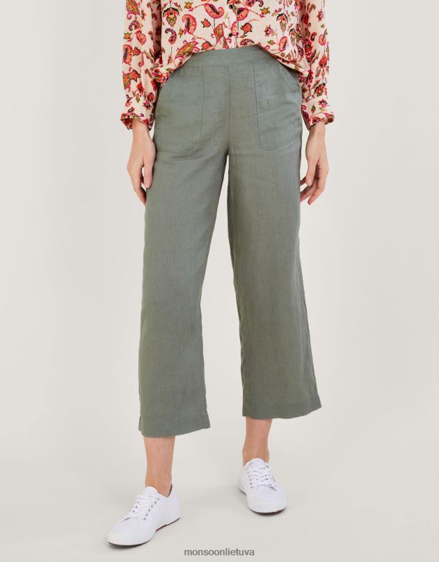 Monsoon užtraukiamos lininės kelnės moterys žalia (chaki) apranga DPXBJ1182
