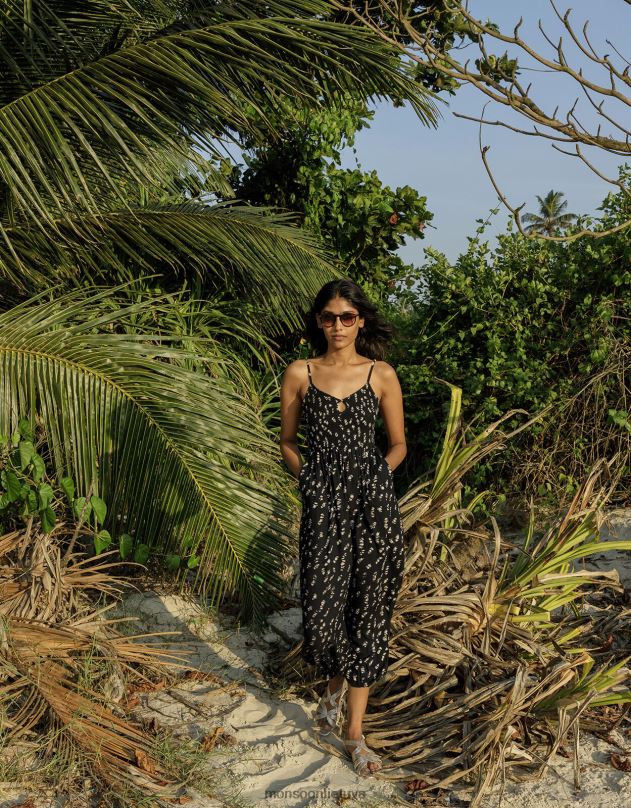 Monsoon Batikos raštais shirred kombinezonas lenzing ecovero moterys juodas apranga DPXBJ560