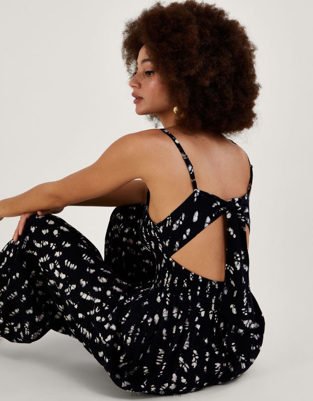 Monsoon Batikos raštais shirred kombinezonas lenzing ecovero moterys juodas apranga DPXBJ560