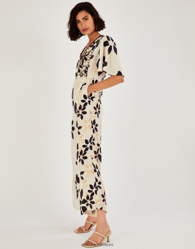 Monsoon abstrakčiu gėlių raštu išsiuvinėtas kombinezonas moterys dramblio kaulo apranga DPXBJ726