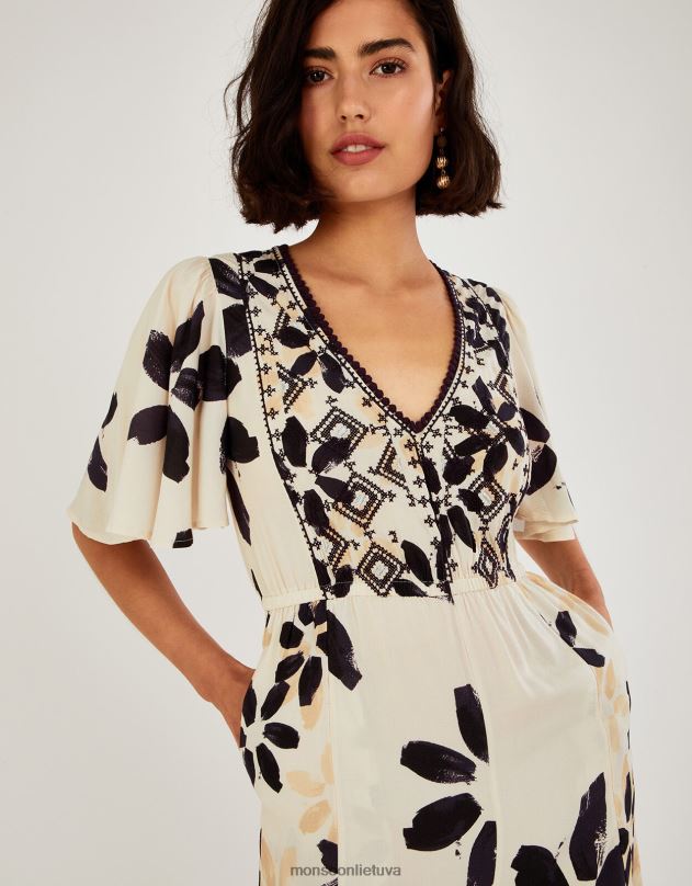 Monsoon abstrakčiu gėlių raštu išsiuvinėtas kombinezonas moterys dramblio kaulo apranga DPXBJ726