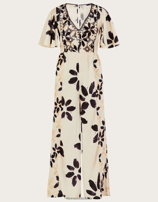 Monsoon abstrakčiu gėlių raštu išsiuvinėtas kombinezonas moterys dramblio kaulo apranga DPXBJ726