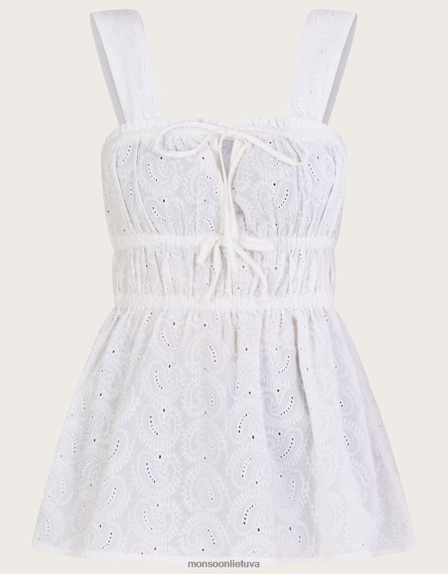 Monsoon Broderie plataus dirželio Cami viršus moterys baltas apranga DPXBJ482