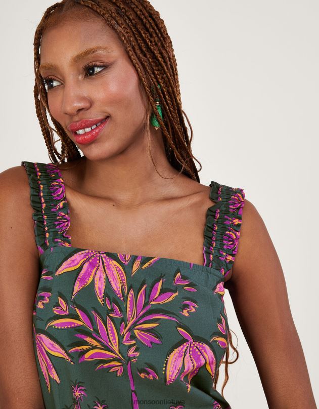 Monsoon „Pedra“ palmių rašto „cami“ viršutinė dalis iš tvarios medvilnės moterys žalia (chaki) apranga DPXBJ325