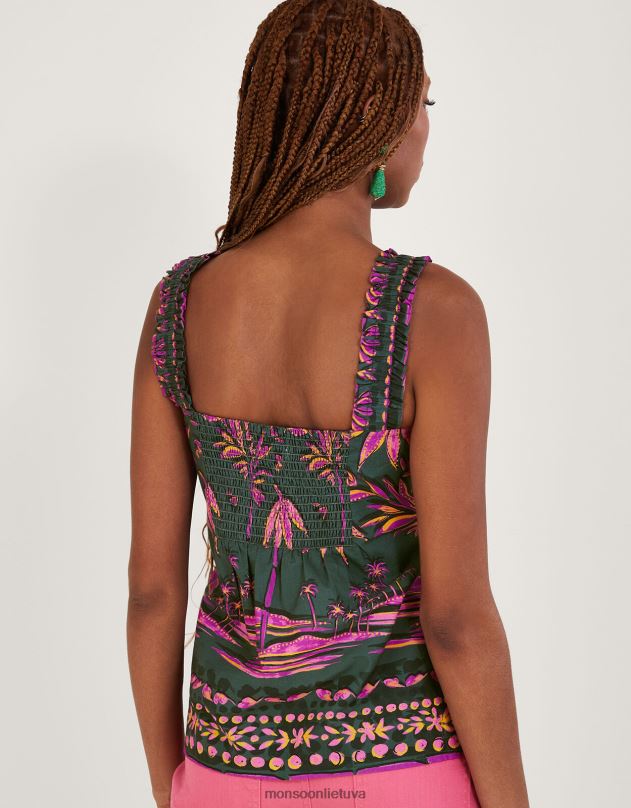 Monsoon „Pedra“ palmių rašto „cami“ viršutinė dalis iš tvarios medvilnės moterys žalia (chaki) apranga DPXBJ325