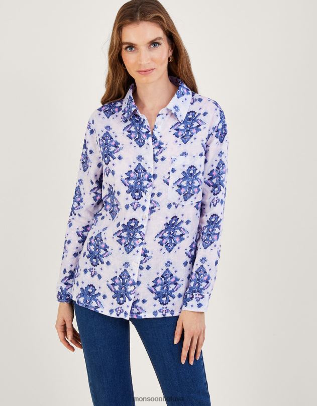 Monsoon laurie ikat mygtukas per lininius marškinius moterys mėlyna apranga DPXBJ845