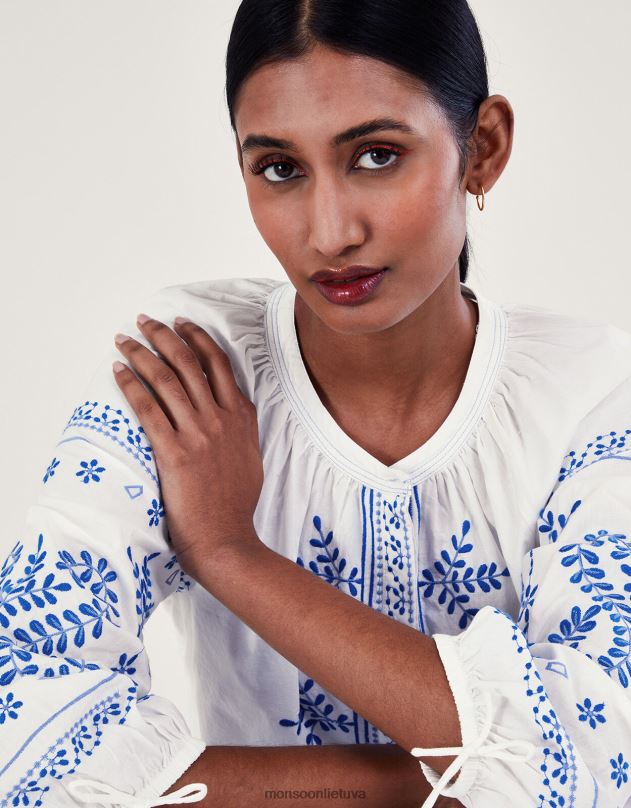 Monsoon siuvinėti marškiniai moterys baltas apranga DPXBJ192