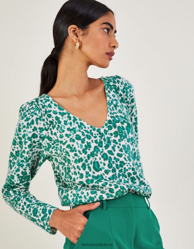 Monsoon Gyvūnų rašto džemperis su V formos iškirpte su perdirbtu poliesteriu moterys žalias apranga DPXBJ512
