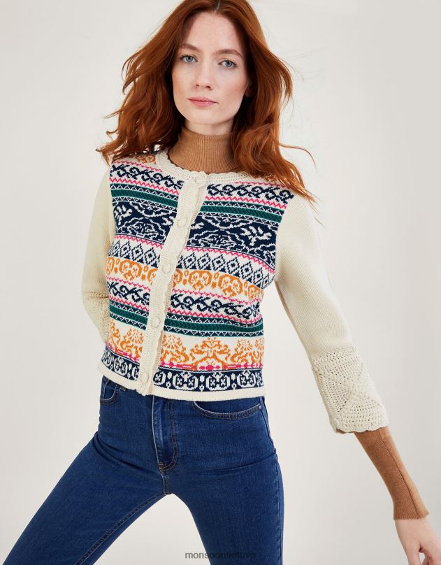 Monsoon Rankiniu būdu nertas žakardo megztinis iš tvarios medvilnės moterys dramblio kaulo apranga DPXBJ669