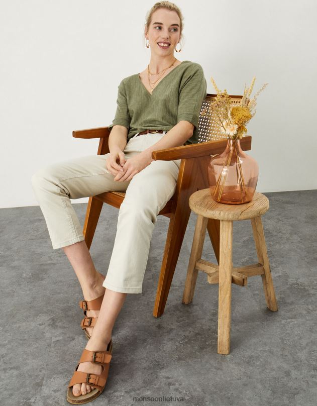 Monsoon V formos iškirptės marškinėliai iš lino mišinio moterys žalia (chaki) apranga DPXBJ1072