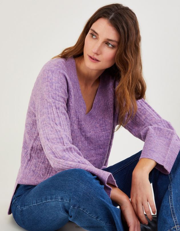 Monsoon V formos kaklo kabelio megztinis ilgomis ūdomis su perdirbtu poliesteriu moterys violetinė (alyvinė) apranga DPXBJ386