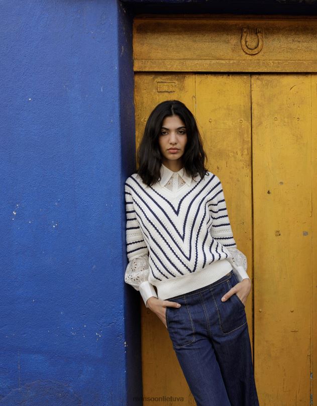 Monsoon Ševrono tekstūros juostelės megztinis iš tvarios medvilnės moterys mėlyna (navy) apranga DPXBJ1022