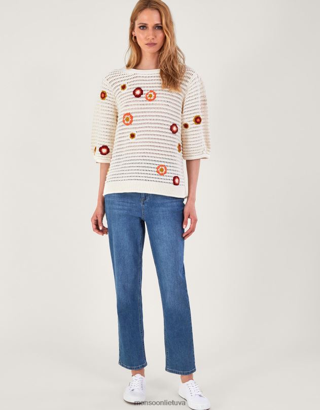 Monsoon gėlėmis siuvinėtas megztinis moterys dramblio kaulo apranga DPXBJ39