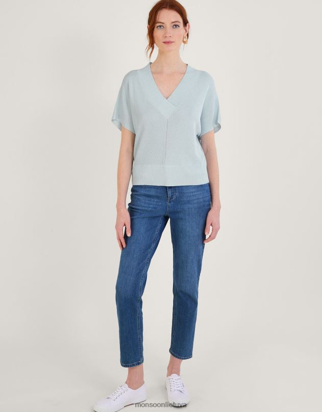 Monsoon laisvas V formos kaklo metalinis megztinis trumpomis rankovėmis moterys mėlyna apranga DPXBJ888