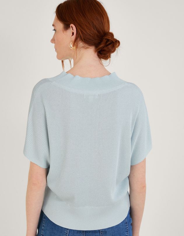 Monsoon laisvas V formos kaklo metalinis megztinis trumpomis rankovėmis moterys mėlyna apranga DPXBJ888