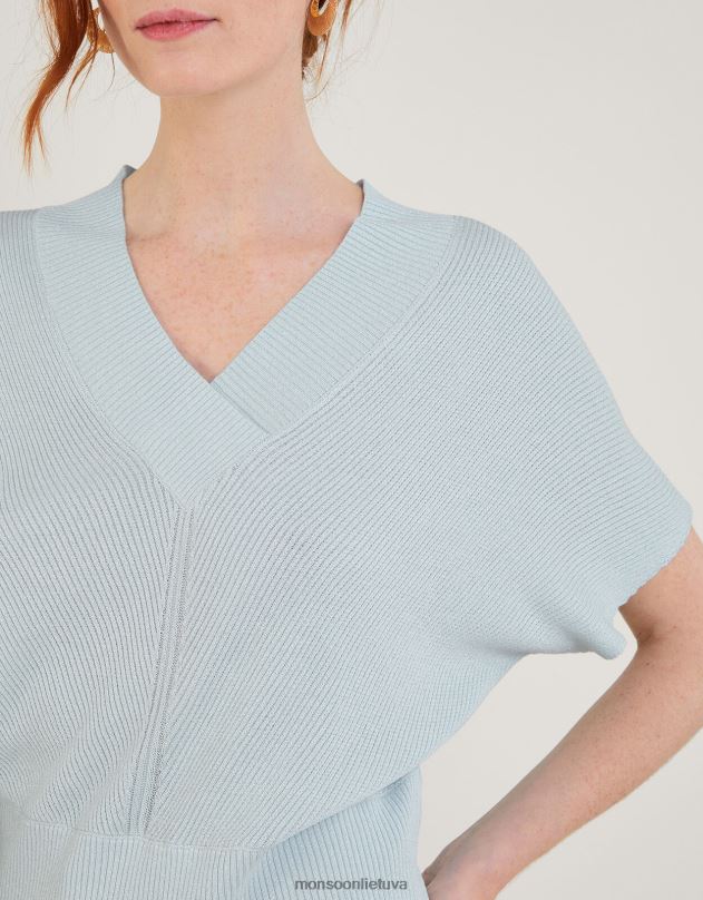 Monsoon laisvas V formos kaklo metalinis megztinis trumpomis rankovėmis moterys mėlyna apranga DPXBJ888