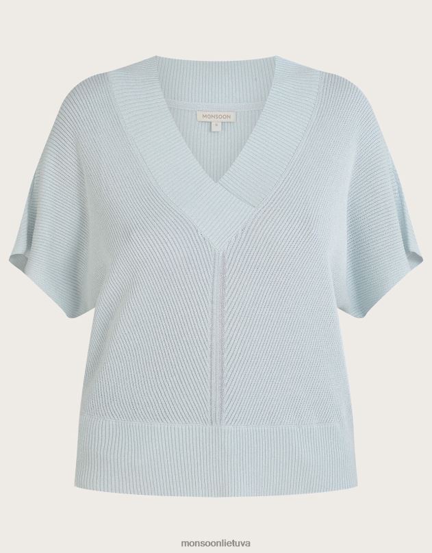 Monsoon laisvas V formos kaklo metalinis megztinis trumpomis rankovėmis moterys mėlyna apranga DPXBJ888
