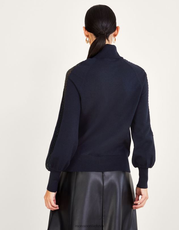 Monsoon nėriniuotas polo džemperis su perdirbtu poliesteriu moterys mėlyna (navy) apranga DPXBJ367