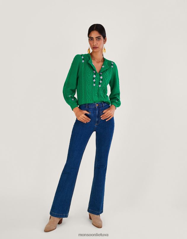 Monsoon rankomis išsiuvinėtas kabeliu megztas megztinis moterys žalias apranga DPXBJ1060