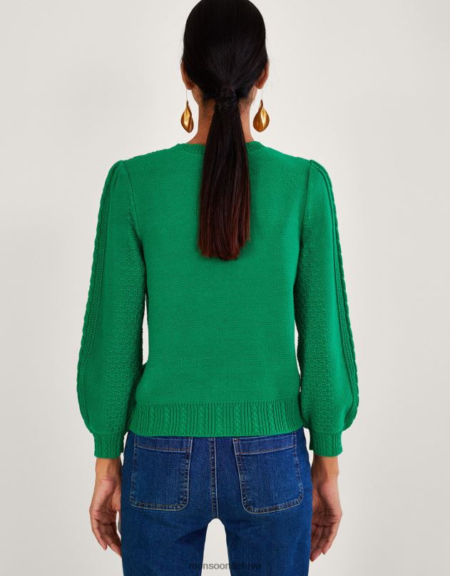 Monsoon rankomis išsiuvinėtas kabeliu megztas megztinis moterys žalias apranga DPXBJ1060