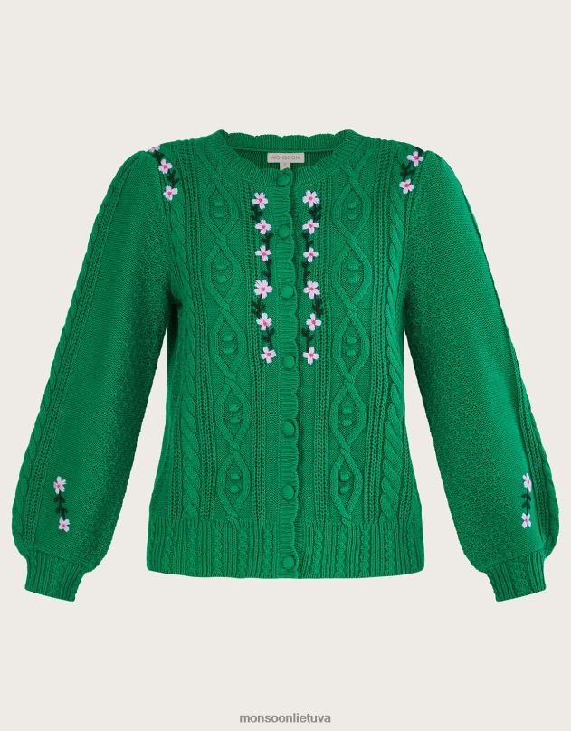 Monsoon rankomis išsiuvinėtas kabeliu megztas megztinis moterys žalias apranga DPXBJ1060