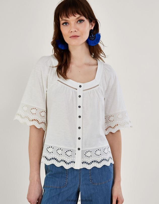 Monsoon Broderie apdaila su mygtuku per viršų moterys dramblio kaulo apranga DPXBJ215