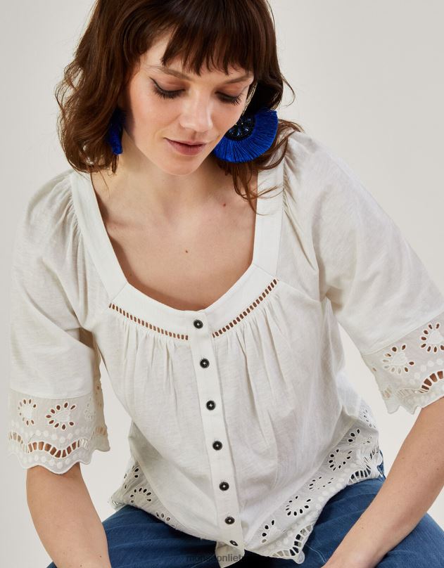 Monsoon Broderie apdaila su mygtuku per viršų moterys dramblio kaulo apranga DPXBJ215