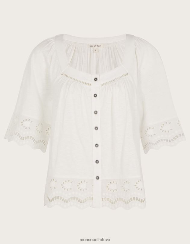 Monsoon Broderie apdaila su mygtuku per viršų moterys dramblio kaulo apranga DPXBJ215