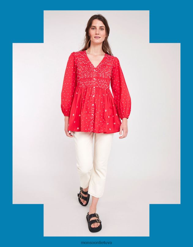 Monsoon East Nova Bandhani spausdinimo viršus moterys raudona apranga DPXBJ687