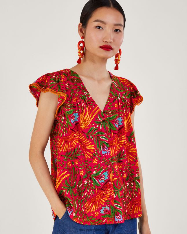 Monsoon Lapų rašto džersio viršus iš lino mišinio moterys raudona apranga DPXBJ688