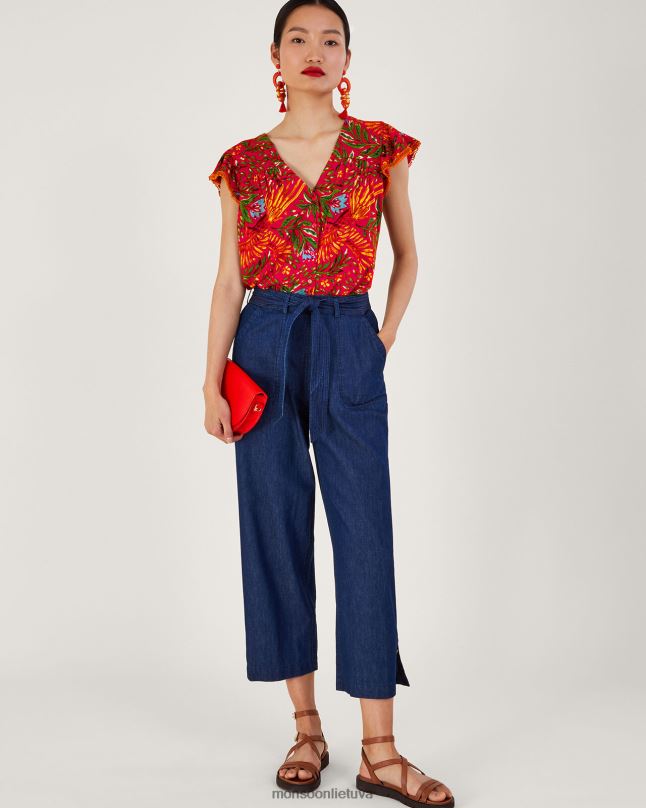 Monsoon Lapų rašto džersio viršus iš lino mišinio moterys raudona apranga DPXBJ688