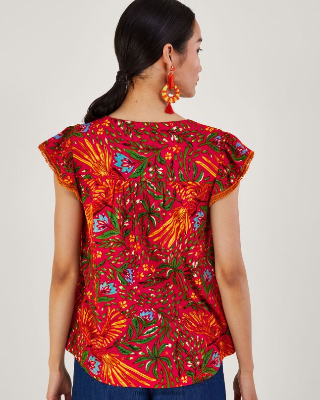 Monsoon Lapų rašto džersio viršus iš lino mišinio moterys raudona apranga DPXBJ688