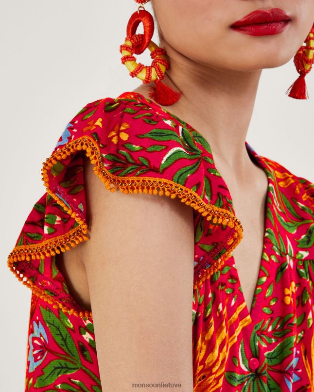 Monsoon Lapų rašto džersio viršus iš lino mišinio moterys raudona apranga DPXBJ688