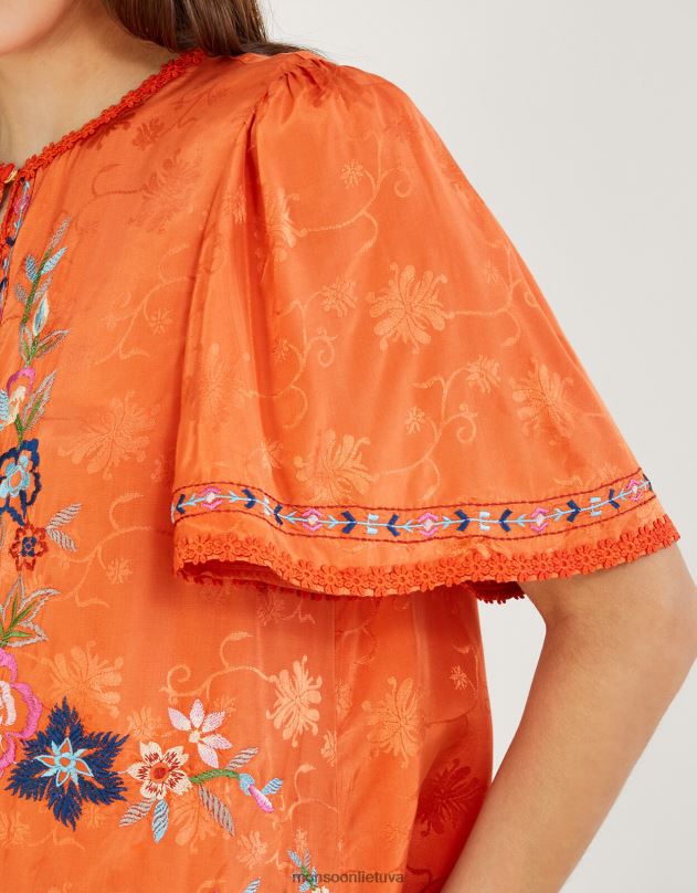 Monsoon „Odelia“ siuvinėtas gėlių viršus iš tvarios viskozės moterys oranžinė apranga DPXBJ262