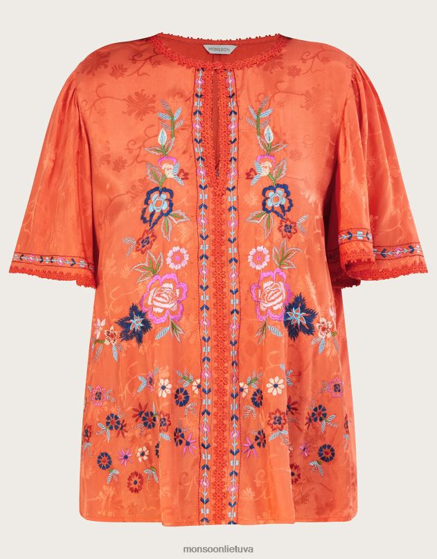 Monsoon „Odelia“ siuvinėtas gėlių viršus iš tvarios viskozės moterys oranžinė apranga DPXBJ262