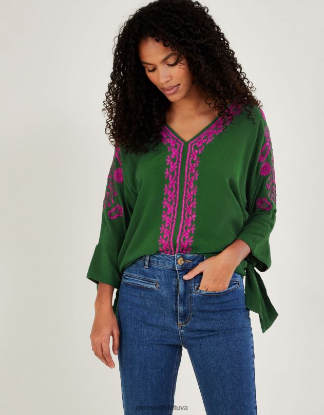 Monsoon christina išsiuvinėtas tvarios viskozės viršus moterys žalias apranga DPXBJ1077