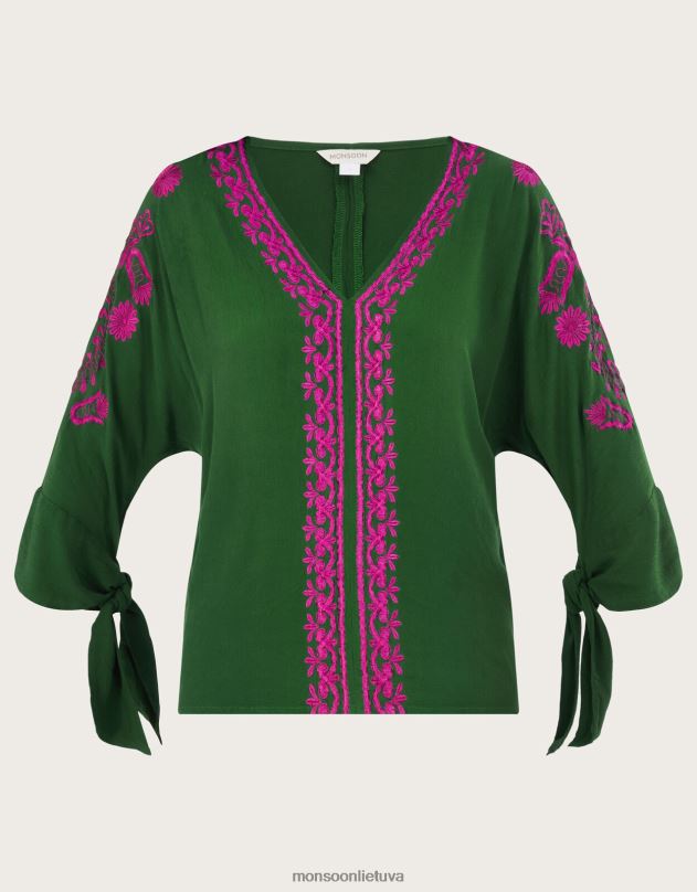 Monsoon christina išsiuvinėtas tvarios viskozės viršus moterys žalias apranga DPXBJ1077