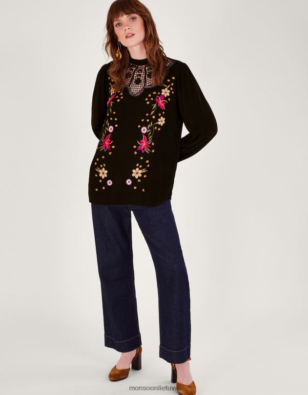 Monsoon kirpimo gėlėmis siuvinėta viršutinė dalis moterys juodas apranga DPXBJ514