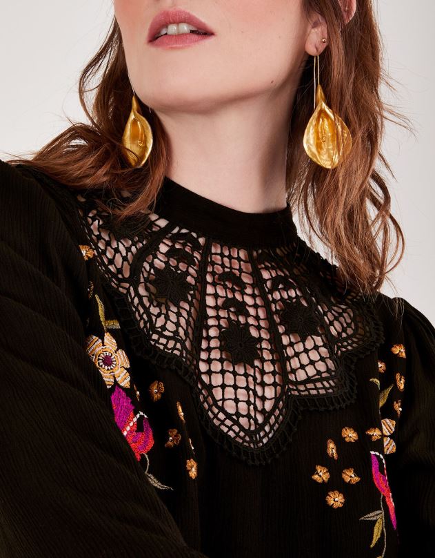 Monsoon kirpimo gėlėmis siuvinėta viršutinė dalis moterys juodas apranga DPXBJ514