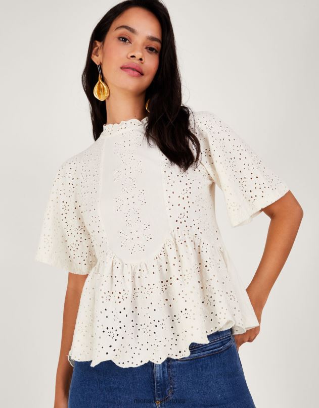 Monsoon schiffli detalių viršus moterys dramblio kaulo apranga DPXBJ181