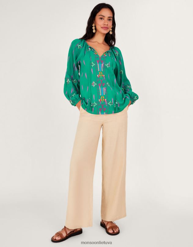 Monsoon siuvinėta kaklaraištis viršus moterys žalias apranga DPXBJ624