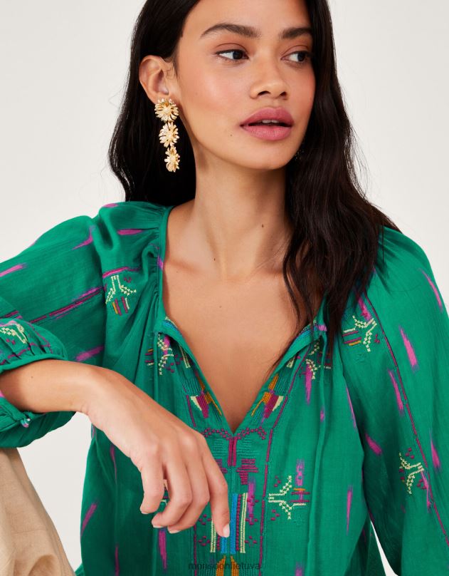 Monsoon siuvinėta kaklaraištis viršus moterys žalias apranga DPXBJ624