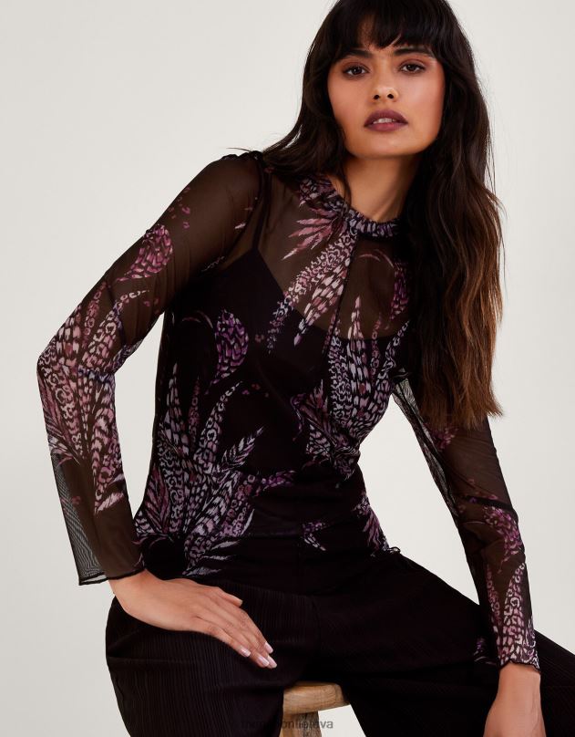 Monsoon spausdinimo tinklinis viršus moterys juodas apranga DPXBJ45