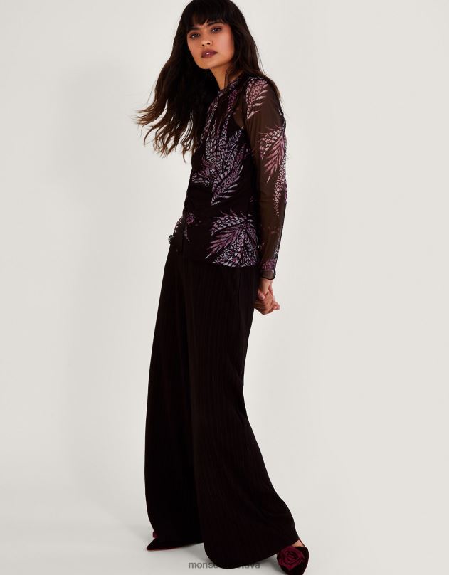 Monsoon spausdinimo tinklinis viršus moterys juodas apranga DPXBJ45