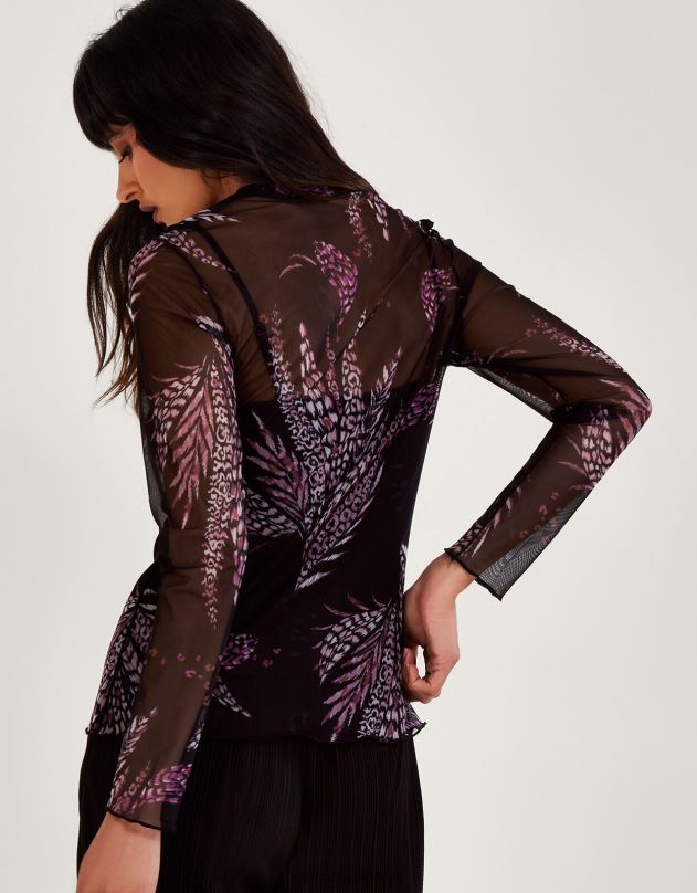 Monsoon spausdinimo tinklinis viršus moterys juodas apranga DPXBJ45