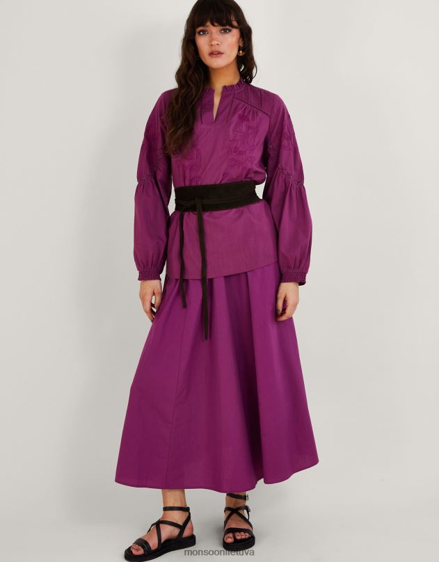 Monsoon toniškai išsiuvinėtas tvarios medvilnės viršutinis viršus moterys violetinė (alyvinė) apranga DPXBJ739