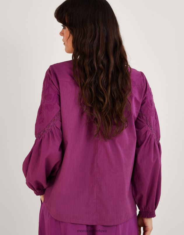Monsoon toniškai išsiuvinėtas tvarios medvilnės viršutinis viršus moterys violetinė (alyvinė) apranga DPXBJ739